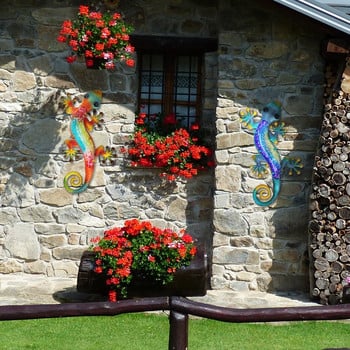 Стенно изкуство с метален гекон със стъкло за декорация на домашна градина и миниатюри Статуи Орнаменти на открито Комплект от 2
