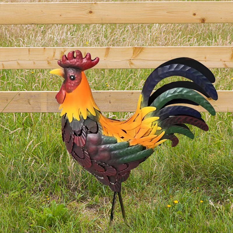 Sodo geležinio gaidžio skulptūra, rūdims atspari geležinė vištiena, raižyta skulptūra stovinčio gyvūno vejos ornamentas vidinio kiemo kiemui