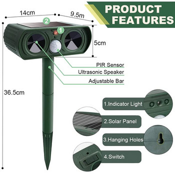 Ultrasonic Birds Animal Repeller Αδιάβροχα ηλιακά απωθητικά για σκύλους σε εξωτερικούς χώρους με αισθητήρα κίνησης PIR Wild Animals Garden Farms