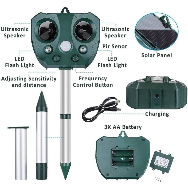 Ultragarsinis gyvūnų repelentas lauko saulės energija varomas vandeniui atsparus gyvūnų atbaidiklis su judesio jutikliu atbaido elnius usūrinius paukščius