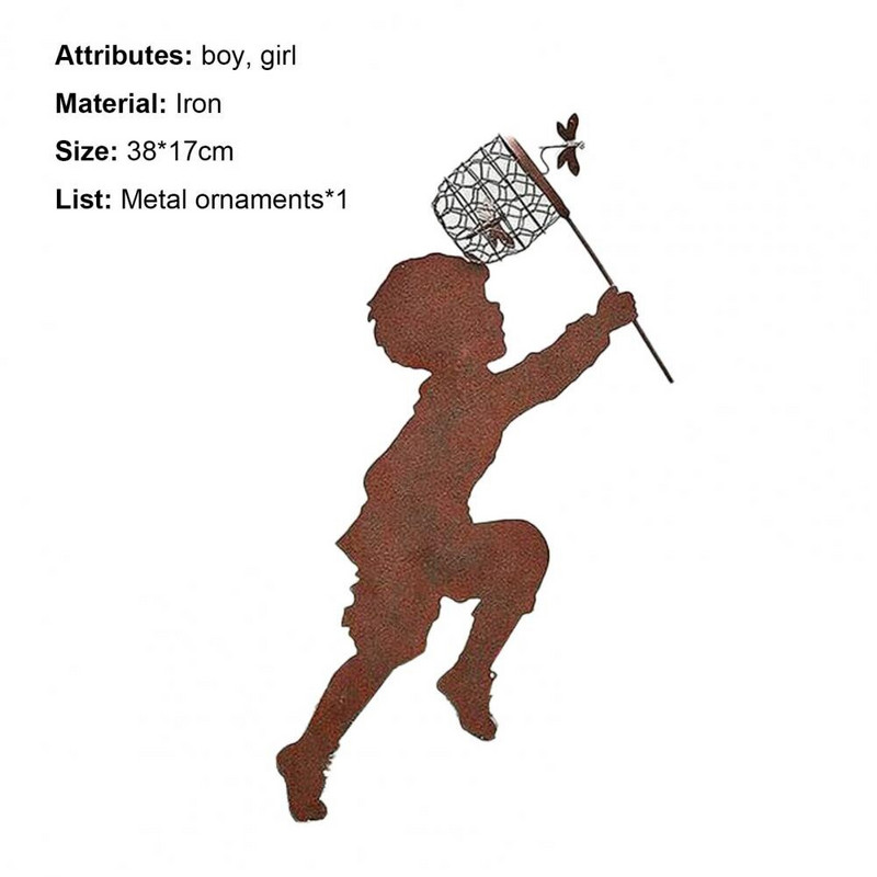 Berniuko formos didelė vintažinio metalo silueto skulptūra sodui ar kiemui menas arba memorialinė skulptūra berniuko mergaitės statulos dekoras