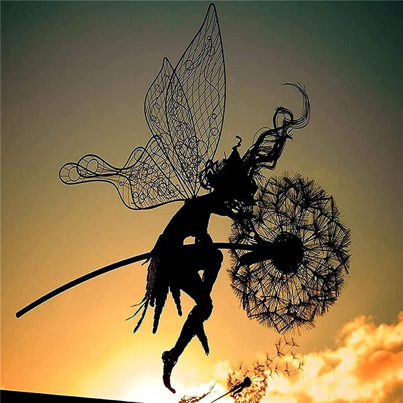 Fėja, šokanti su kiaulpiene, sodo puošmena metalo menas mitinis fėjos peizažas skulptūra lauko kiemo vejos dekoras