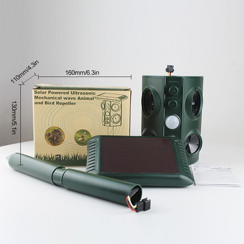Слънчево захранван репелер за животни Водоустойчив PIR сензор Външна градина против котка куче USB ултразвук Слънчева аларма Репелер