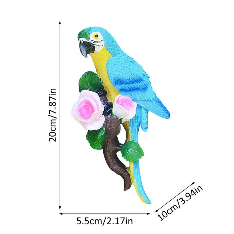 Kabanti papūgos statula Sodo dekoras Rankomis piešta paukščių skulptūra Medžio puošmena Derva amatų siena kabantis kiemo ornamentas