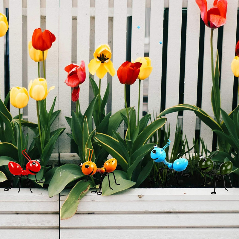 4 vnt Sodo skruzdėlyno metalo skulptūros ornamentas, spalvingas mielas animacinis filmas, geležinis vabzdys, kabantis sienoje Menas Sodo veja vidaus lauko dekoras