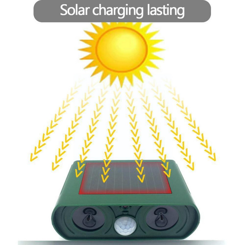 Saulės energija varomas gyvūnų repeleris, baidantis šunis kates gyvūnams atsparus vandeniui, paukščių išvarymas, ultragarsas, lauko repeleris, signalizacija Alar U9S0