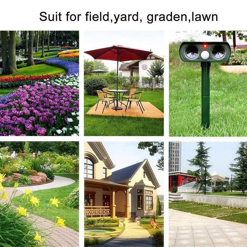 Saulės energija varomas gyvūnų repeleris, baidantis šunis kates gyvūnams atsparus vandeniui, paukščių išvarymas, ultragarsas, lauko repeleris, signalizacija Alar U9S0