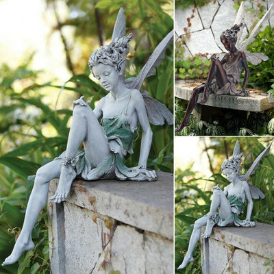 Haldjas vaik istuv haldjakuju Aiakaunistus Veranda skulptuurihoov Käsitööhaljastus koduaia kaunistamiseks