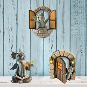 NAUJAS Mažasis drakonas dinozauras, meditacija, skaitanti knygą Skulptūra figūrėlė Sodo dekoras Dervos ornamentas stalas veranda Biuro namų dekoras