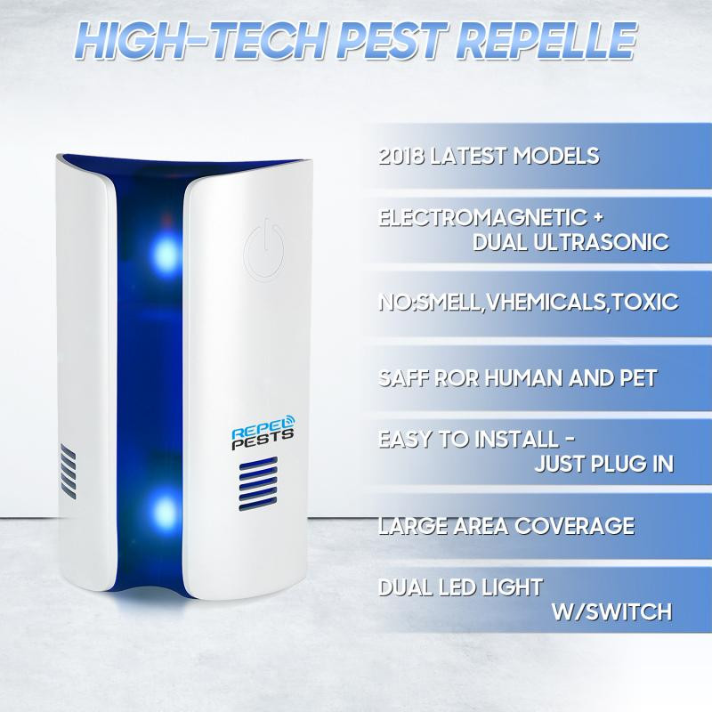 Vylepšená verzia ultrazvukového elektronického repelentu, odpudzovača škodcov, zásuvného zariadenia, potkanov, myší, myší a komárov.