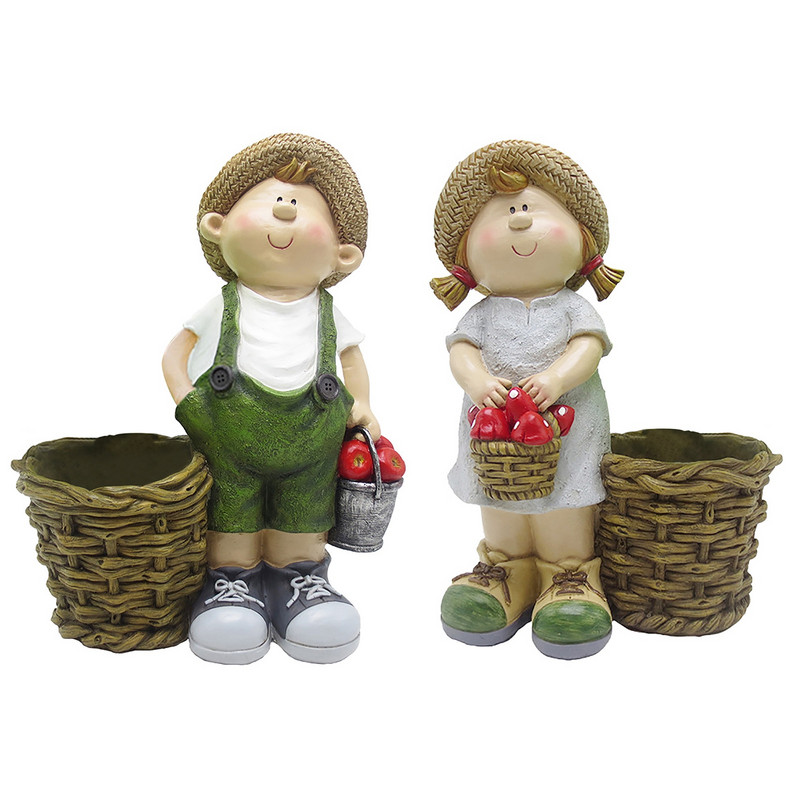 Väike poiss ja tüdruk lillepoti kaunistus käsitöö kuju Armas lillekorv Kodukaunistus Ornament Aiakujud Figuuri skulptuur