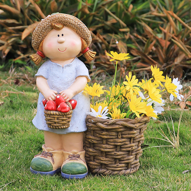 Väike poiss ja tüdruk lillepoti kaunistus käsitöö kuju Armas lillekorv Kodukaunistus Ornament Aiakujud Figuuri skulptuur