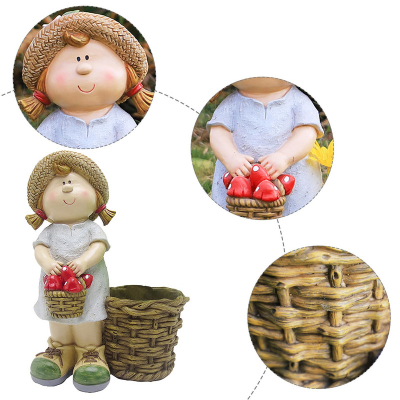 Väike poiss ja tüdruk lillepoti kaunistus käsitöö kuju Armas lillekorv Kodukaunistus Ornament Aiakujud Figuuri skulptuur