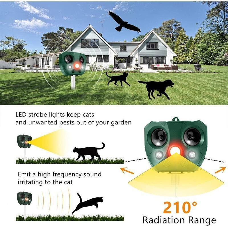 Solar Pest Repeller Motion Activated Animal Repeller Ultrahangos macska kutyariasztó kültéri kertészeti állatriasztó
