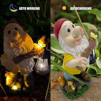 Solar Garden Gnome Holding Lamp Sculpture Cartoon Άτακτοι νάνοι ειδώλια Μικρά γλυπτά Δημιουργική διακόσμηση κήπου με γκαζόν
