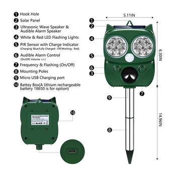 Υπερηχητικό Απωθητικό Ζώων με ηλιακή τροφοδοσία Υπερήχων Απωθητικό για Πουλιά Γάτα Σκύλου Ηχητικό Ηχείο Συναγερμού Ζώων