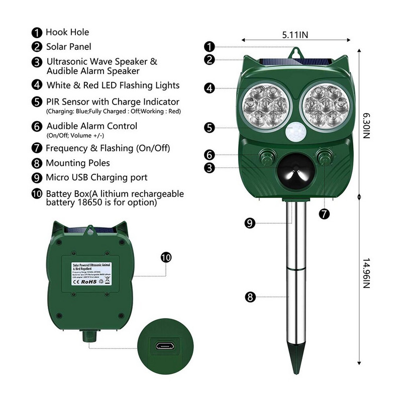 Ultrazvučni tjerač životinja na solarni pogon Ptice na otvorenom, mačke, pse, štetočine, zvučni alarm, zvučnik, rastjerivač životinja