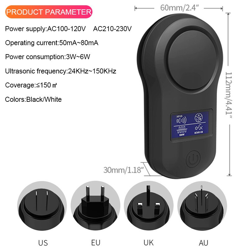 Dispozitiv electronic de combatere a dăunătorilor cu ultrasunete pentru șobolani, țânțari, șoarece, insecte, rozătoare, șoarece, gândaci, pentru acasă, priză SUA/UE/UK/AU