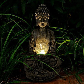 Слънчева кристална топка Лампа Скулптура на Буда Будистка молитва Вяра Лотос Статуя на лампа Домашна градина Водоустойчив градински декор Орнаменти