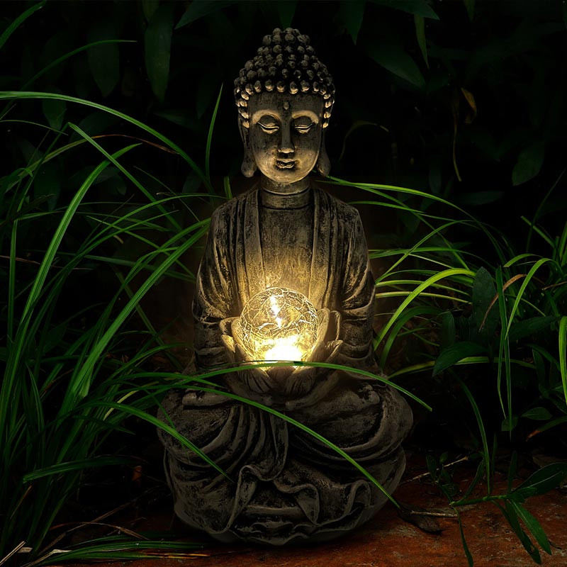 Lampa od solarne kristalne kugle Skulptura Bude Budistička molitva Vjera Kip lampe lotosa Kućni vrt Vodootporni ukrasi za vrt