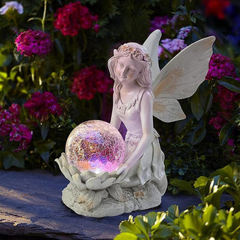 Творческа светеща фея Момиче Ангелска фигура Скулптура Външна слънчева лампа Водоустойчив градински двор LED светлина Фея Орнаменти от смола