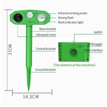 Ултразвуков уред за отблъскване на животни Уред за отблъскване на животни със слънчева енергия Външен уред за прогонване на кучета, котки, птици със сензор за движение и мигащи светлини