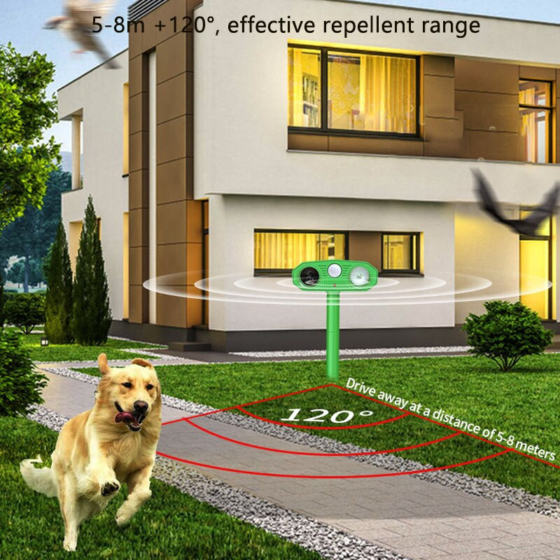 Ultragarsinis gyvūnų repeleris su saulės energija varomas gyvūnų atbaidiklis lauko šunims katėms su judesio jutikliu ir mirksinčiomis lemputėmis