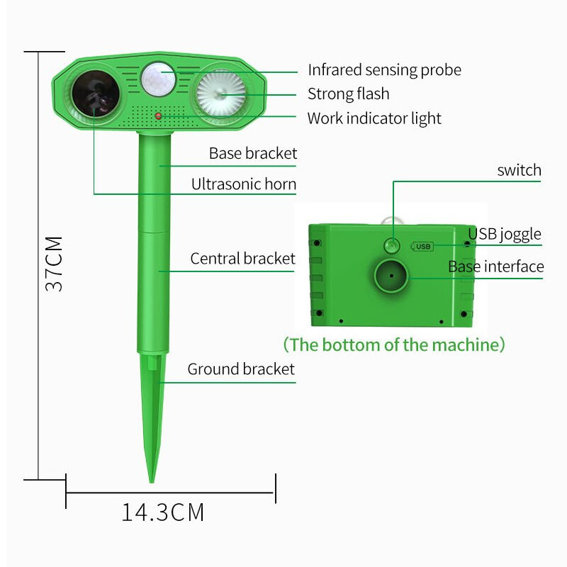 Ultragarsinis gyvūnų repeleris su saulės energija varomas gyvūnų atbaidiklis lauko šunims katėms su judesio jutikliu ir mirksinčiomis lemputėmis