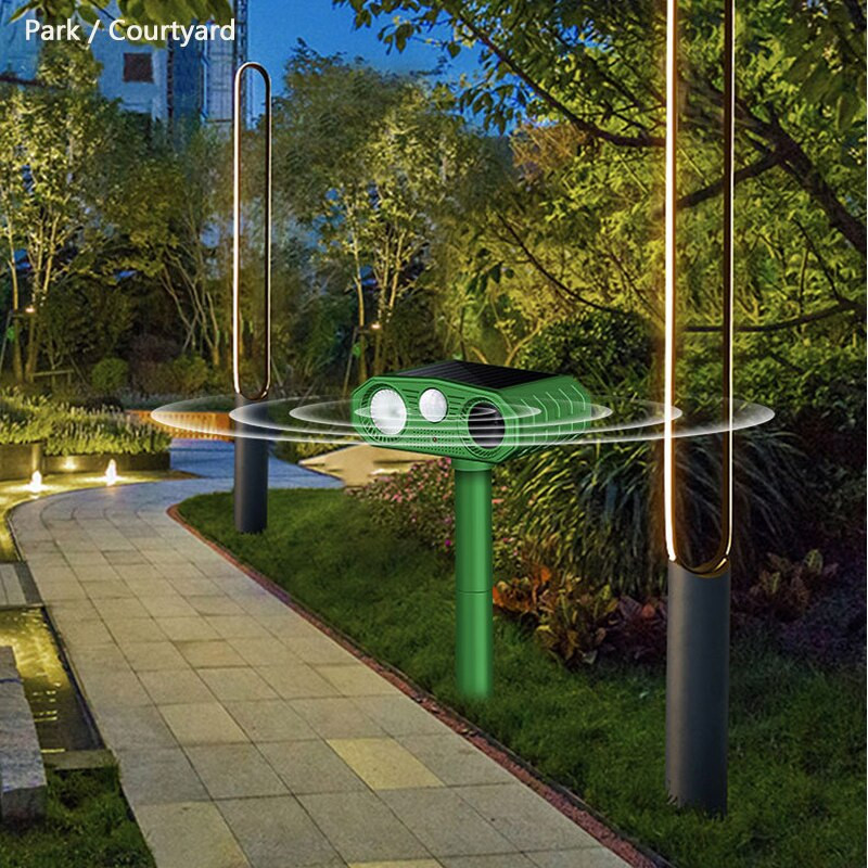 Ultragarsinis gyvūnų repeleris su saulės energija varomas gyvūnų atbaidiklis lauko šunims katėms su judesio jutikliu ir mirksinčiomis lemputėmis