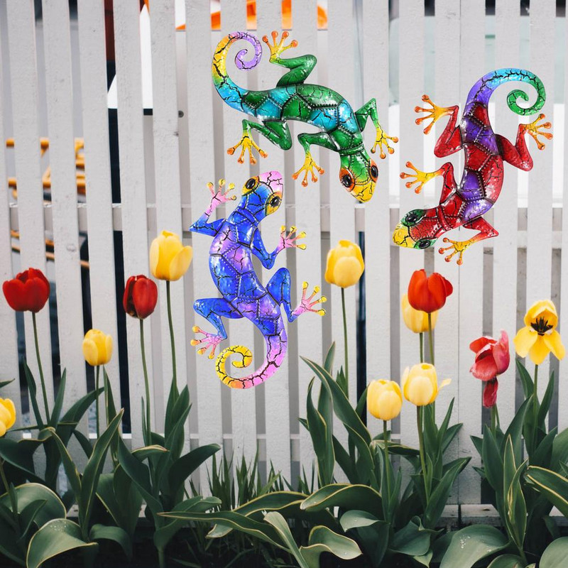 3 buc Ornament de perete Gecko din fier rezistent la rugină Ornament de șopârlă din metal pentru grădina de acasă