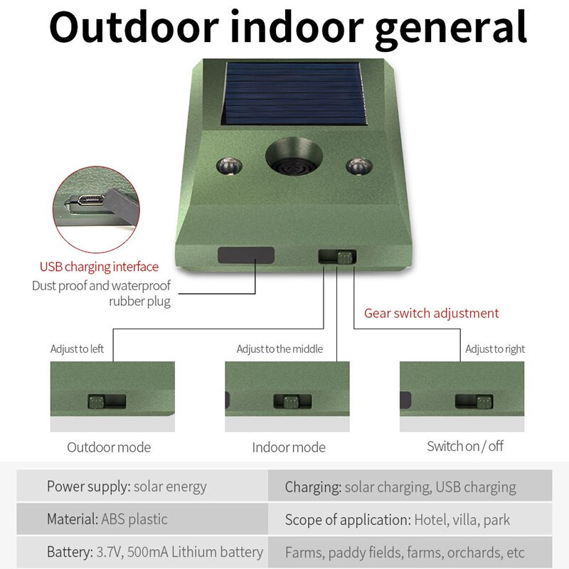 Päikeseelektrooniline ultraheli loomatõrjevahend Vilkuva punase tulega putukatõrjevahend välistingimustes kasutatavatele kahjuritele koertele hiirtele lindudele prussakahunt