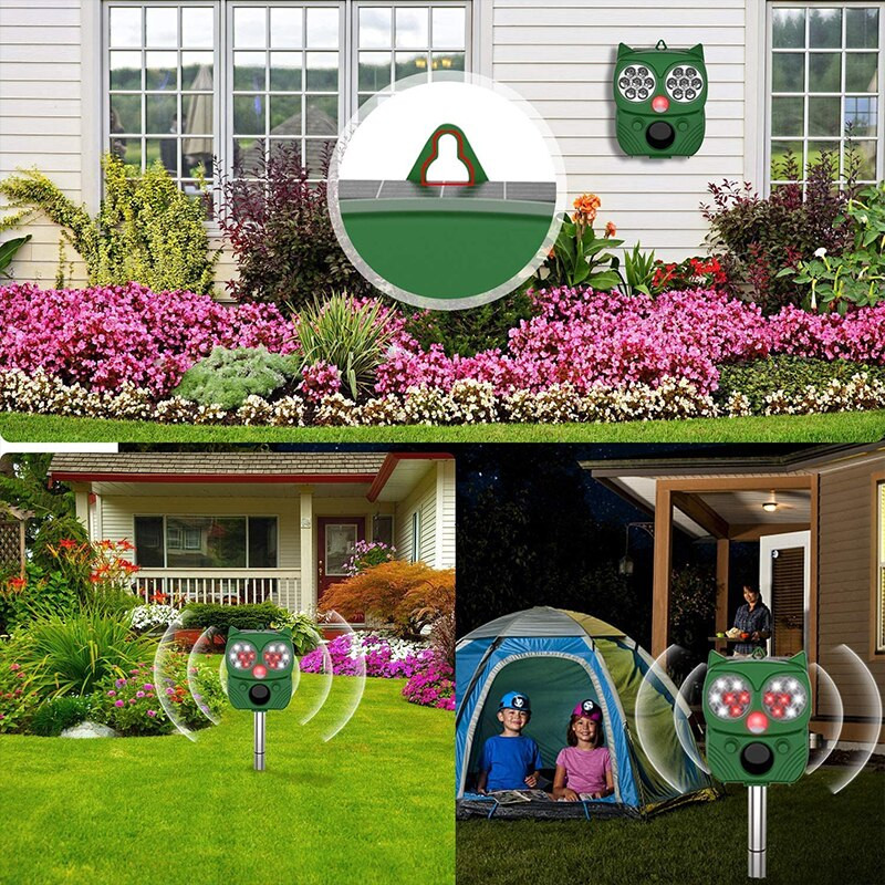 Ultragarsinis kačių atbaidymo įrenginys nuo saulės kačių atbaidantis paukščius atbaidantis gyvūnų atbaidiklis su judesio jutikliu, mirksinčia šviesa lauko sodo kieme