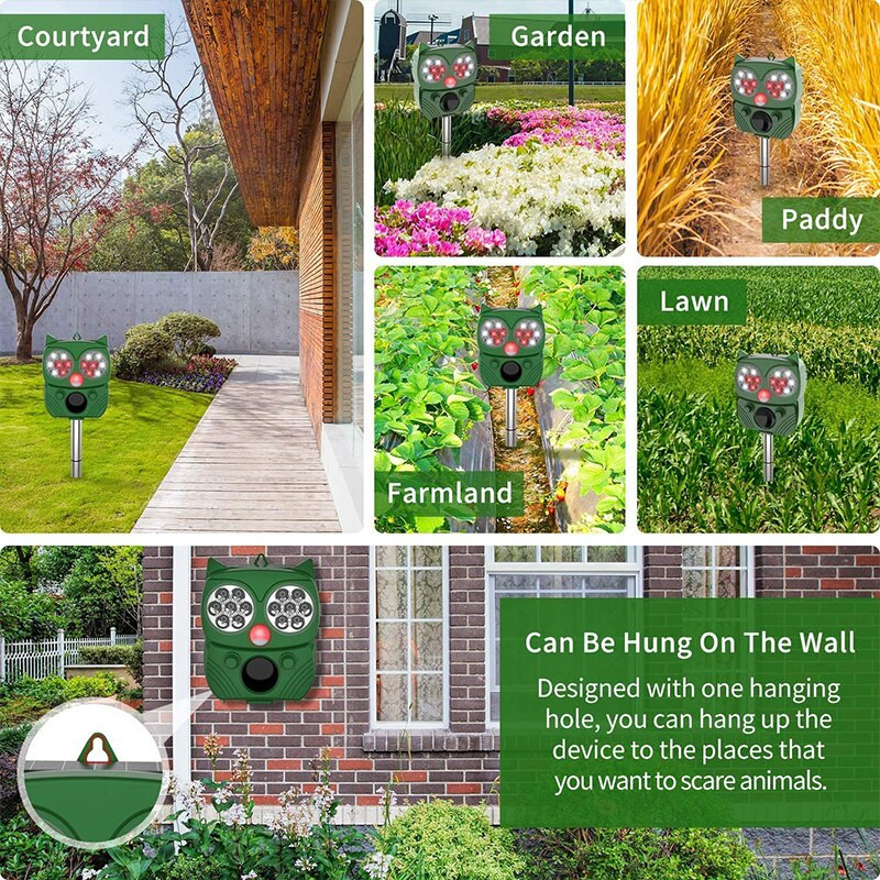 Ultragarsinis kačių atbaidymo įrenginys nuo saulės kačių atbaidantis paukščius atbaidantis gyvūnų atbaidiklis su judesio jutikliu, mirksinčia šviesa lauko sodo kieme