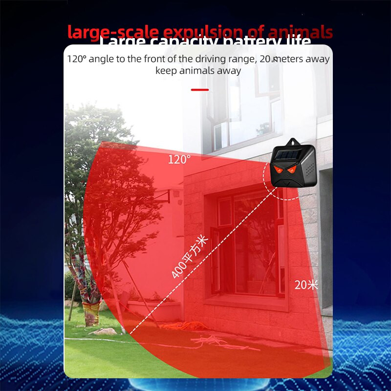 gyvūnų atbaidiklis Daugiasluoksnis silicio saulės kolektorius Dvigubo maitinimo gyvūno atbaidiklis šunų paukščių atbaidiklis Raudona LED lemputė, mirksi atbaidanti