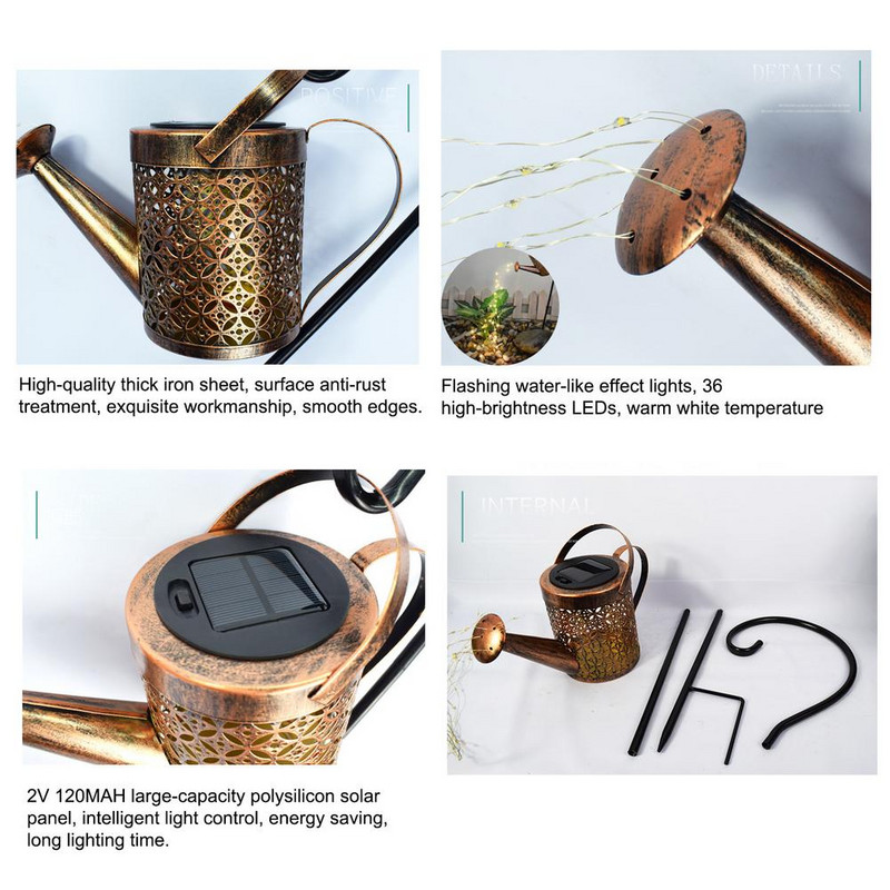 Lauko saulės laistymo skardinė Ornamentinė lempa Sodo menas Šviesos apdaila Tuščiaviduris geležinis dušas LED lempučių virvelė sodo dekoravimui