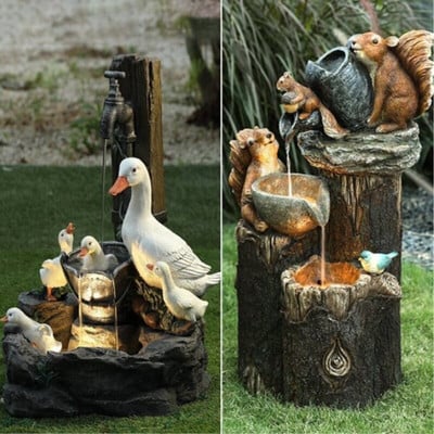 Solar Power Duck Squirrel Fountain Resin Animal Figurine Statue Outdoor Decoration Garden Simulation Decor Landscape for Yard
