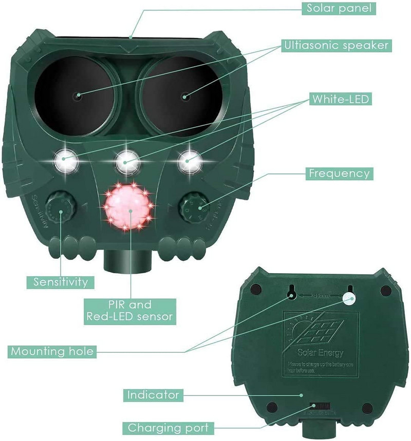 Saulės energija varomas paukščių atbaidiklis Ultragarsinis gyvūnų atbaidiklis kačių šunų lapių gyvūnų gyvačių atbaidiklis, gąsdinantis pelėdą lauko sodui