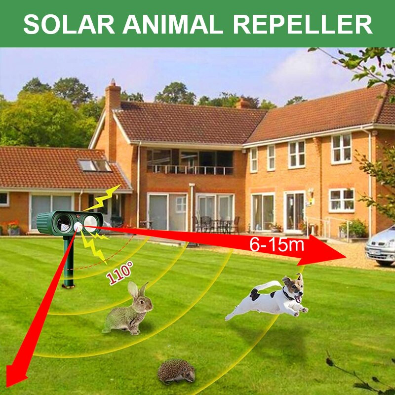 2022 Respingător de animale cu energie solară Respingător de animale cu ultrasunete Apelant PIR impermeabil Sunet sperie pisici Câini Vulpi Păsări