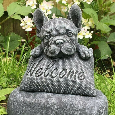 Mini francia bulldog szobor kertdíszítéshez Üdvözlőtábla Gyanta kézműves dísz pázsit háztáji kerti dekorációs kiegészítők