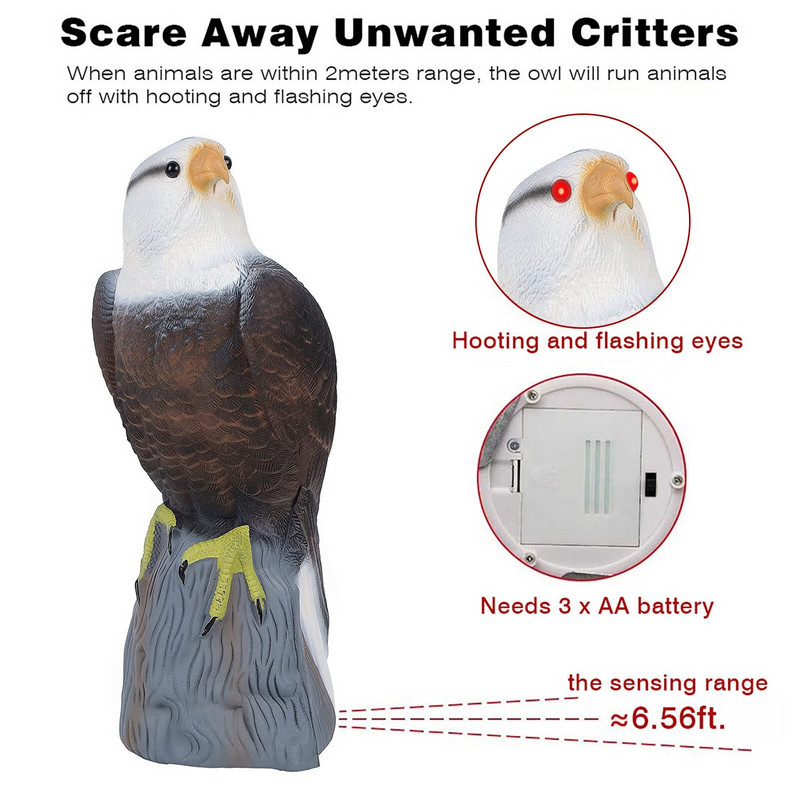 Netikros pelėdos statula Netikros pelėdos skulptūra Paukščių atbaidymo priemonės Realios pelėdos kaliausės Paukščių atbaidymo priemonės su šviesiais ir garsiais paukščių repelentais