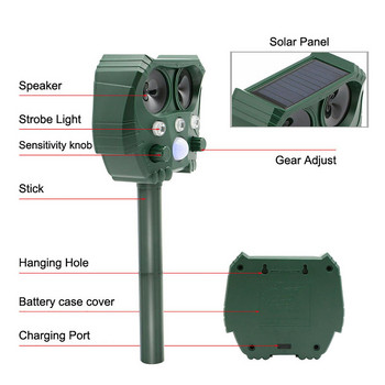 Solar USB Ultrasonic Repeller Αισθητήρας κίνησης PIR Animal Dog Cat Bird Rabbit Deterrent Scarer Repellent Outdoor Garden Tool