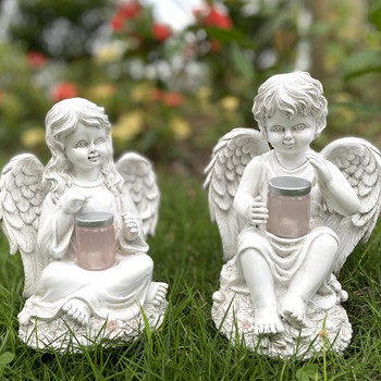 Solar Light Garden Angel Αγόρι/Κορίτσι με Μπουκάλι Ρητίνη Craft Αδιάβροχο εξωτερικό άγαλμα με φώτα LED Art Figurine Διακόσμηση αυλής