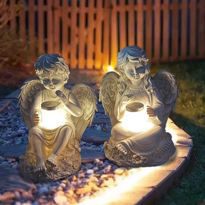 Lumină solară Înger de grădină Băiat/Fata cu sticlă Artizanat din rășină Statuie în aer liber impermeabilă cu lumini LED Figurină de artă Decor pentru curte