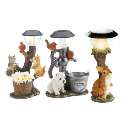 Iepuraș de rășină, pisică, câine, ornament de grădină, lumină solară, pisică, peisaj, decorare, figurine în miniatură, decorare pentru casă