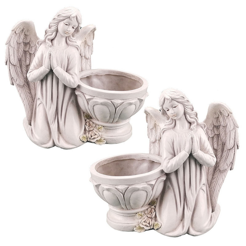 Klasikinis amerikietiško stiliaus besimeldžiantis angelas, gėlių vazono dekoravimas, sodo angelas, sultingas vazono laikiklis