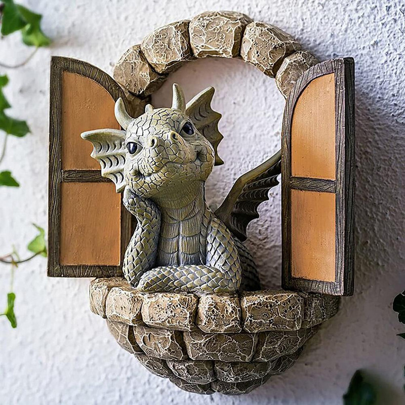 Dragon Out the Door Kerti gyanta szobor udvar Művészeti pázsit dekoráció Kézműves díszek kerti udvarhoz erkély fa dekoráció