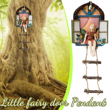 Κρεμαστό γλυπτό σε δέντρο Fairy House Ζωγραφισμένο στο χέρι Παράθυρο Καθισμένο Νεράιδα με σκάλα Ρητίνη Craft Άγαλμα Διακόσμηση κήπου σπιτιού
