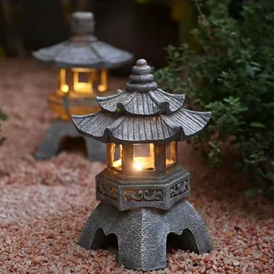 Ornamente Zen creative Rășină Lanterne de palat cu energie solară Statuie de turn Lanternă de pagodă de piatră Lampă solară