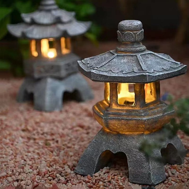 Kreatívna živicová solárna lampa, palácové lampy, veža, socha, nádvorie, zenová dekorácia, ozdoby, solárna záhradná pagoda, lampáš