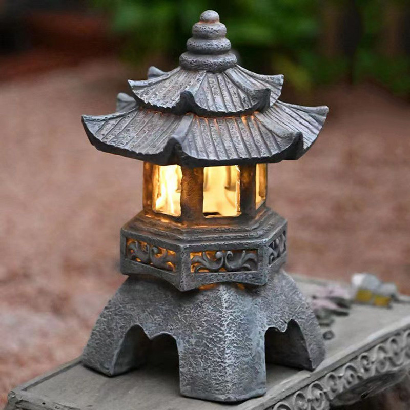 Kreatívna živicová solárna lampa, palácové lampy, veža, socha, nádvorie, zenová dekorácia, ozdoby, solárna záhradná pagoda, lampáš